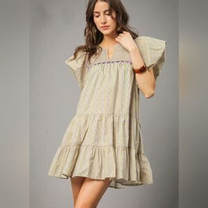Umgee Floral Ruffled Cap Sleeve Tiered Mini Dress Size Large